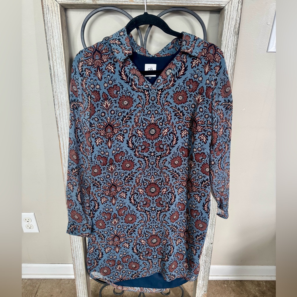 Cabi Xs Tunic Dress 3295 Blue Floral Paisley Long Sleeve Lined Pullover